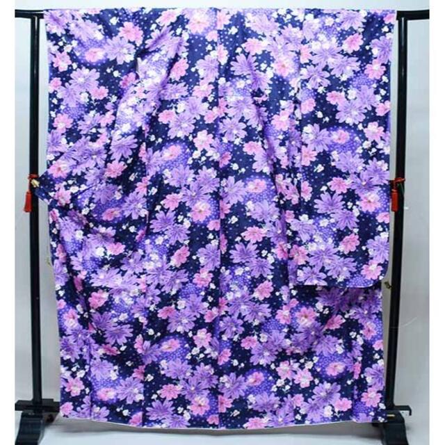 振袖 単品 合繊 仕立て上がり 小紋柄 マーガレット 桜 紫色 NO35977