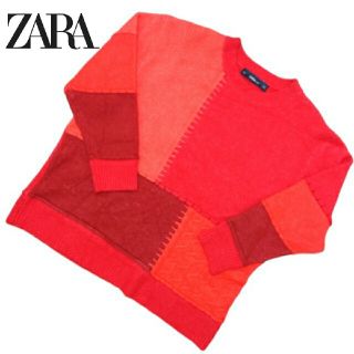 ザラ(ZARA)の美品　ZARA　ニット　セーター　パッチワーク　継ぎ接ぎ　赤　ソフト　伸縮(ニット/セーター)