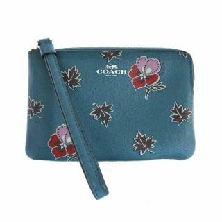 コーチ(COACH)のコーチ COACH ポーチ 花柄 プリント L字ファスナー レザー 青 ブルー(ポーチ)