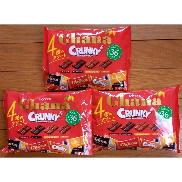 LOTTE　Ghana　&　CRUNKY　4種のアソート　3袋　合計108枚 食品/飲料/酒の食品(菓子/デザート)の商品写真