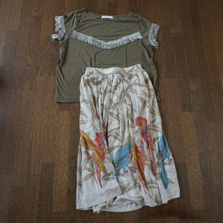 ダズリン(dazzlin)の【専用】dazzlin フリンジトップス、CORDIER鳥柄スカート(Tシャツ(半袖/袖なし))