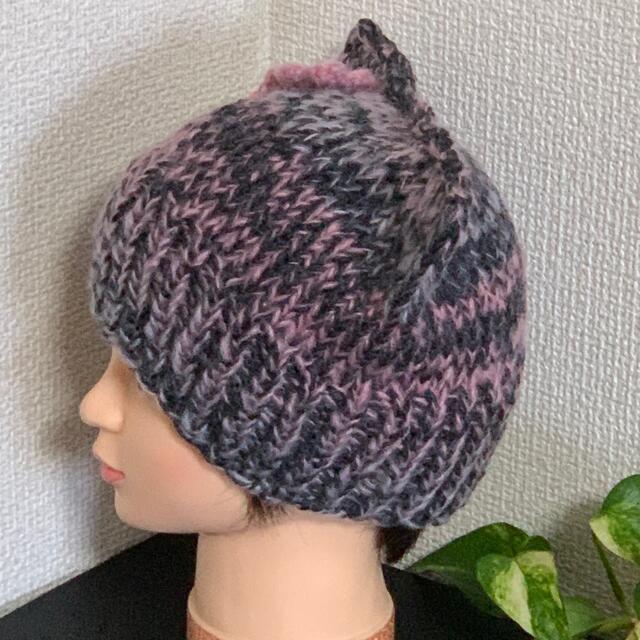ハンドメイドネコ耳ニット帽♡ブラック＆ピンクラグーン ハンドメイドのファッション小物(帽子)の商品写真