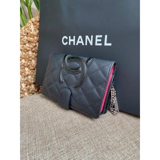 シャネル(CHANEL)の【正規品/本物】 CHANEL カンボンライン 2つ折り財布 ブラック×ピンク(財布)