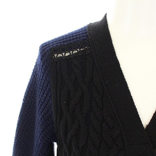sacai(サカイ)のサカイ 切り替えニット カーディガン ケーブル編み 長袖 1 S 紺 黒 レディースのトップス(カーディガン)の商品写真