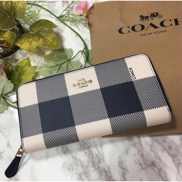 新品 未使用 正規品 COACH コーチ ダークブルー チェック柄 長財布