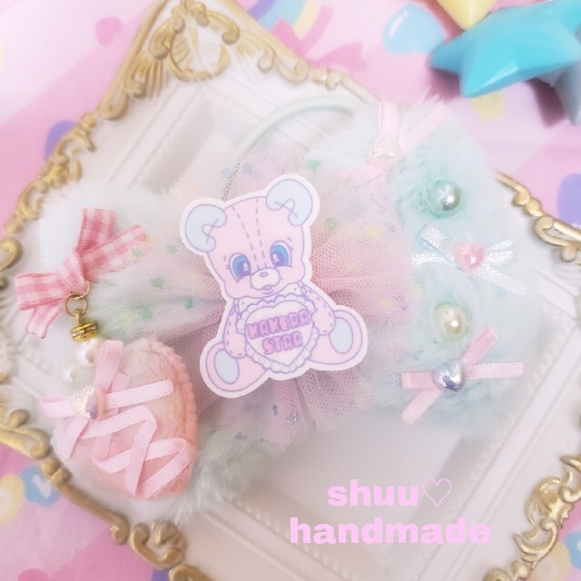 handmade♡ツイード×ふわふわリボン編み上げ風ポニー水色-