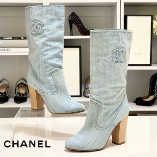 シャネル(CHANEL)の3338 シャネル デニム ショートブーツ ココマーク ライトブルー(ブーツ)