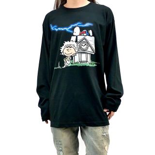 新品 ビッグ プリント バックトゥザフューチャー チャーリーブラウン 黒 ロンT(Tシャツ/カットソー(七分/長袖))