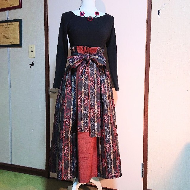 専用です❗【大島紬】着物リメイクスカート リボン付きsizeフリーNo.67
