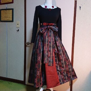 専用です❗【大島紬】着物リメイクスカート リボン付きsizeフリーNo.67