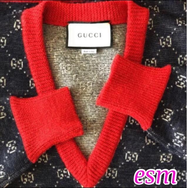 Gucci(グッチ)のGUCCI GGロゴ ニットワンピース 長袖 Vネック ウール ネイビー 赤 レディースのワンピース(ひざ丈ワンピース)の商品写真