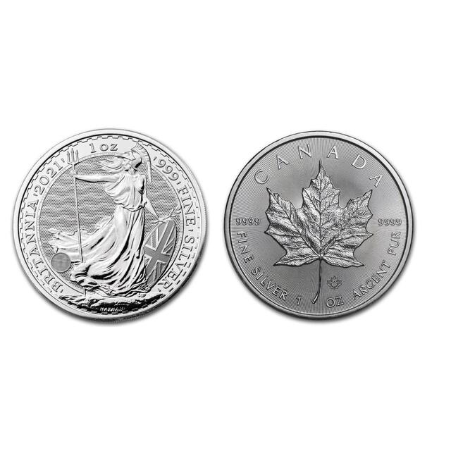 Silver未使用新品　メイプルリーフ銀貨＆ブリタニア銀貨　1オンス　2枚セット