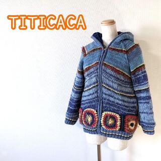 チチカカ(titicaca)の【TITICACA】ニットパーカー　グラニースクエア　ブルー　Sサイズ(ニット/セーター)