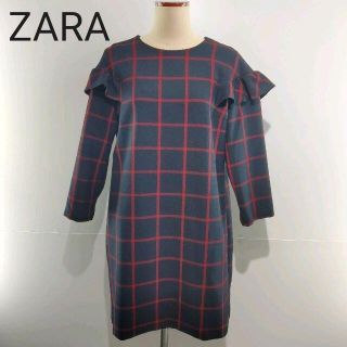 ザラ(ZARA)のZARA ザラ　肩フリルチェックボックスワンピース(ひざ丈ワンピース)