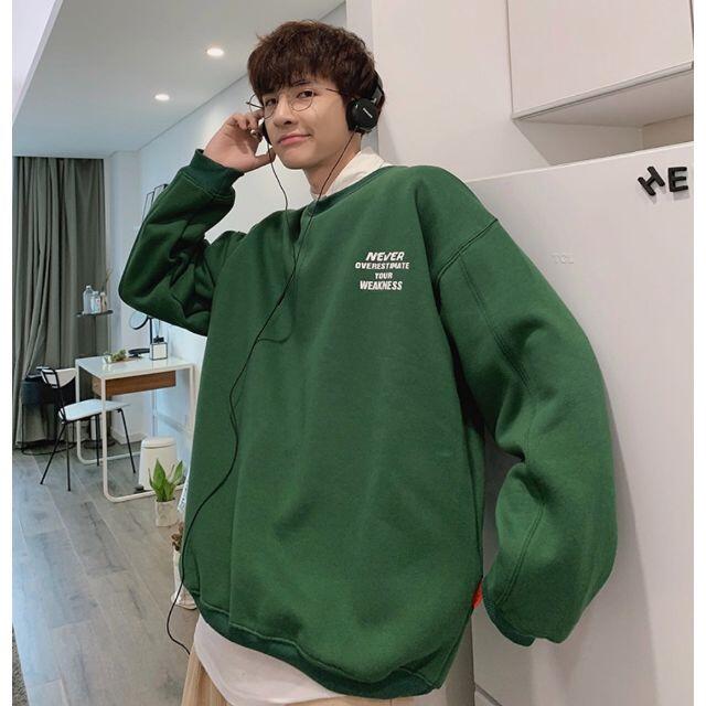 メンズ トレーナー 裏起毛 XL 冬服 韓国 緑 スウェット ビッグシルエット