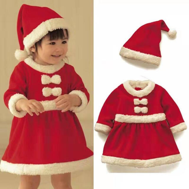 残りわずか　子供用　クリスマス　サンタコス　仮装　衣装　ワンピース　ボンボン キッズ/ベビー/マタニティのベビー服(~85cm)(ワンピース)の商品写真