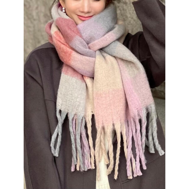 fringe volume check stole / pink