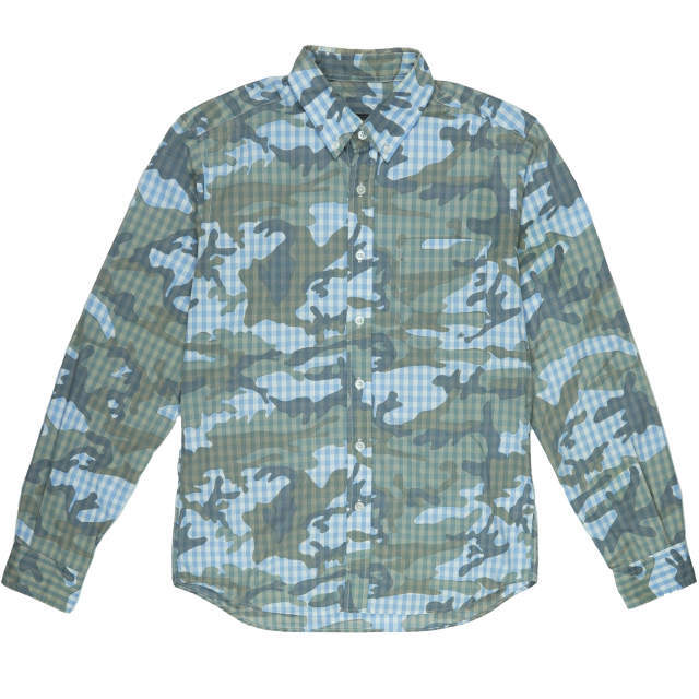 SOPHNET. ソフネット 日本製 CAMOUFLAGE OVER PRINT B.D SHIRT カモフラージュオーバープリントBDシャツ SOPH-140031 S ブルー 長袖 迷彩 ボタンダウン ギンガムチェック トップス【SOPHNET.】