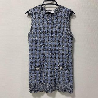 ザラ(ZARA)のZARA ツイード　水色　ビジュー付き　ノースリーブニットワンピ(ミニワンピース)