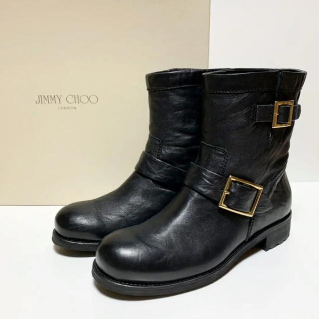 JIMMY CHOO(ジミーチュウ)の☆美品 ジミーチュウ レザー エンジニア ショートブーツ 黒 × 金 イタリア製 レディースの靴/シューズ(ブーツ)の商品写真