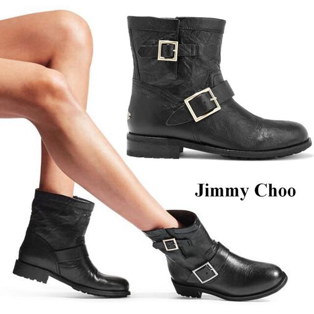 JIMMY CHOO(ジミーチュウ)の☆美品 ジミーチュウ レザー エンジニア ショートブーツ 黒 × 金 イタリア製 レディースの靴/シューズ(ブーツ)の商品写真