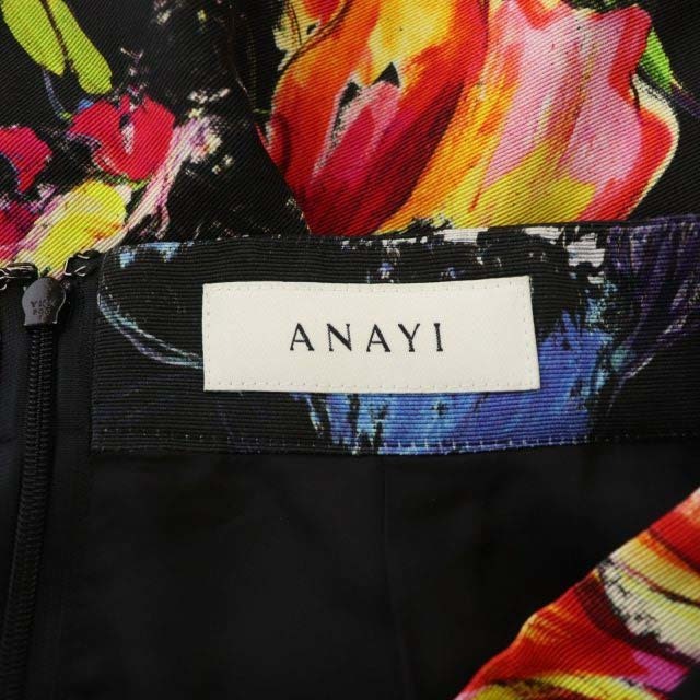 ANAYI(アナイ)のアナイ フラワーミディフレアスカート ひざ丈 花柄 リボンベルト付き 36 黒 レディースのスカート(ひざ丈スカート)の商品写真