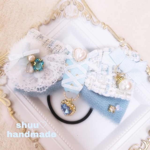 handmade♡ツイード×ふわふわリボン編み上げ風ポニー水色-