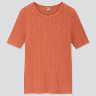 ユニクロ(UNIQLO)の【新品タグ付】ユニクロ　ランダムリブクルーネックT　オレンジ　M(Tシャツ(半袖/袖なし))