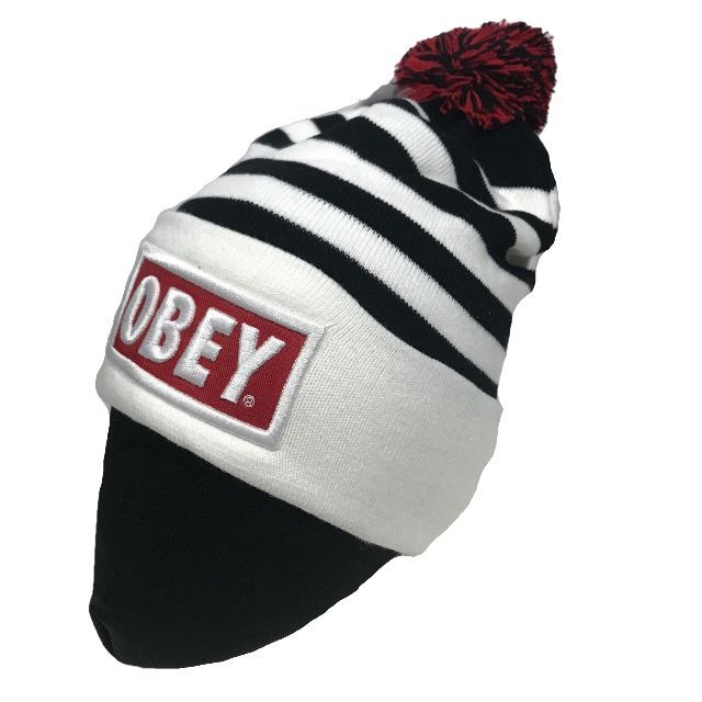 OBEY(オベイ)のOBEY オベイ ボンボン ワッチニットキャップ ホワイト/ブラックストライプ メンズの帽子(ニット帽/ビーニー)の商品写真