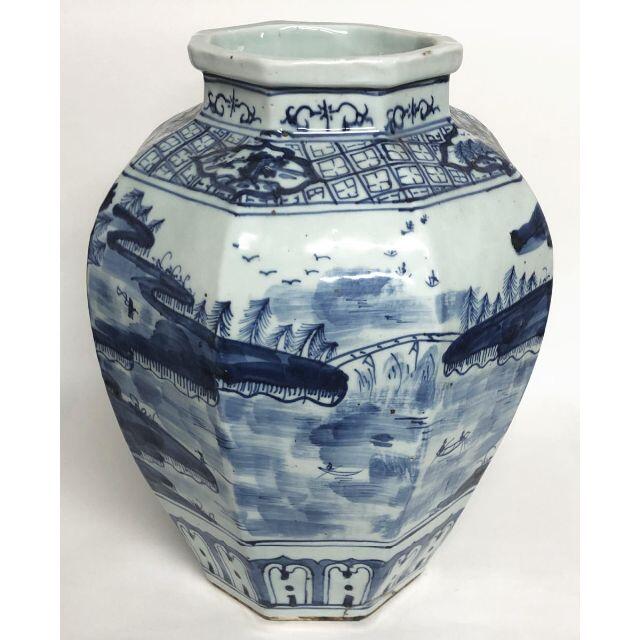 中国古美術 青花 染付 山水人物紋 八角 大壺 花器 花瓶 唐物 WWTT099