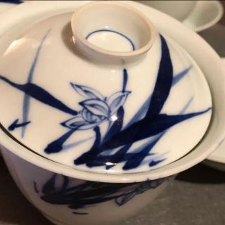 16660円 海外直送 H515、清水焼 青花 染付 草花 蓋、茶托付 玉湯呑5客