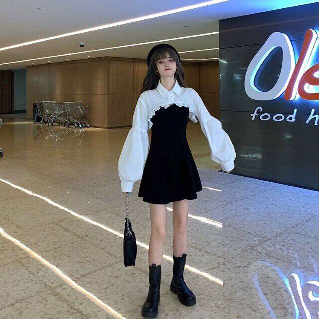 韓国デザイン ショート丈 ブラウス ミニワンピース セット セクシー パフ袖