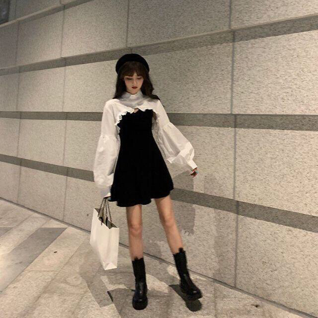 韓国デザイン ショート丈 ブラウス ミニワンピース セット セクシー パフ袖
