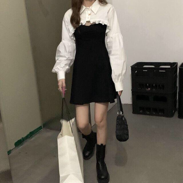 韓国デザイン ショート丈 ブラウス ミニワンピース セット セクシー パフ袖