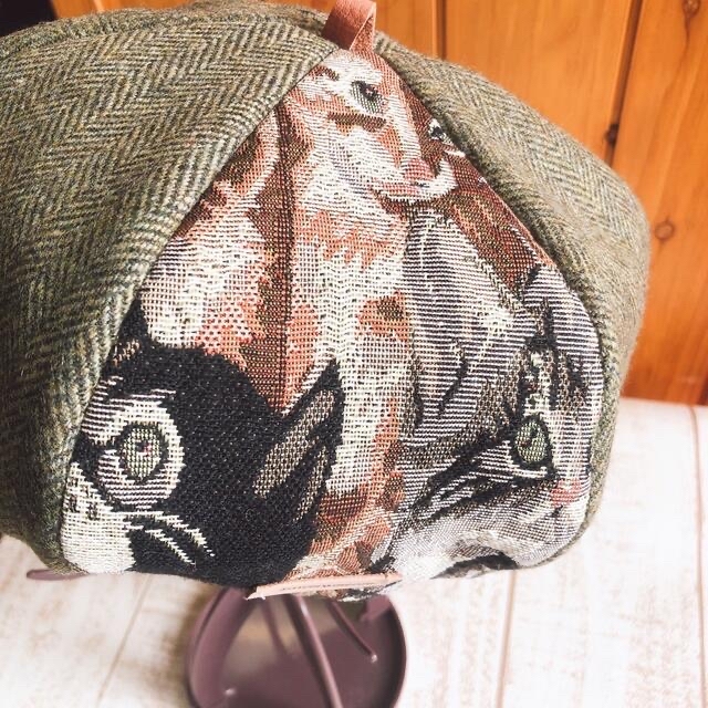 ♥️ハンドメイド ウールベレー帽 ＋ゴブラン ヘリンボーングリーン系 ハンドメイドのファッション小物(帽子)の商品写真