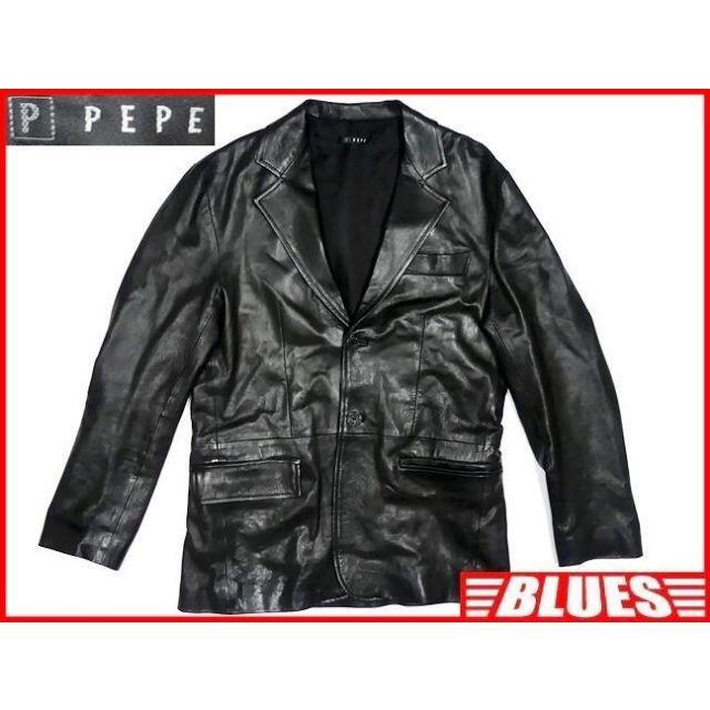 イタリア製 メンズ レザー テーラードジャケット L 黒 スーツ 本革 ブレザーPEPE表記SIZE
