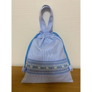 【ハンドメイド1点】スモッキング　水色　体操服袋　お着替え袋　給食袋(体操着入れ)