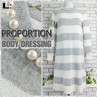 プロポーションボディドレッシング(PROPORTION BODY DRESSING)のL：ウール混 ニットワンピース／プロポーション★超美品★ホワイト＆グレー(ひざ丈ワンピース)