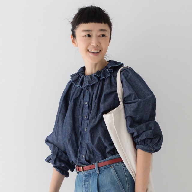 nest Robe コットンリネンダンガリーフリルシャツ インディゴ