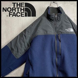 ザノースフェイス(THE NORTH FACE)のノースフェイスフリースジャケットグレー×紺ネイビーLブルゾン刺繍ロゴナイロン切替(ブルゾン)