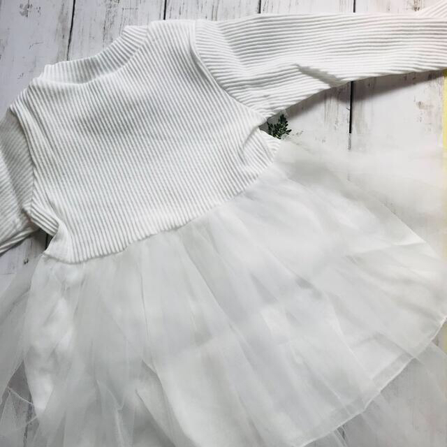 フラワーニットチュールワンピース ホワイト 100 キッズ/ベビー/マタニティのキッズ服女の子用(90cm~)(ワンピース)の商品写真