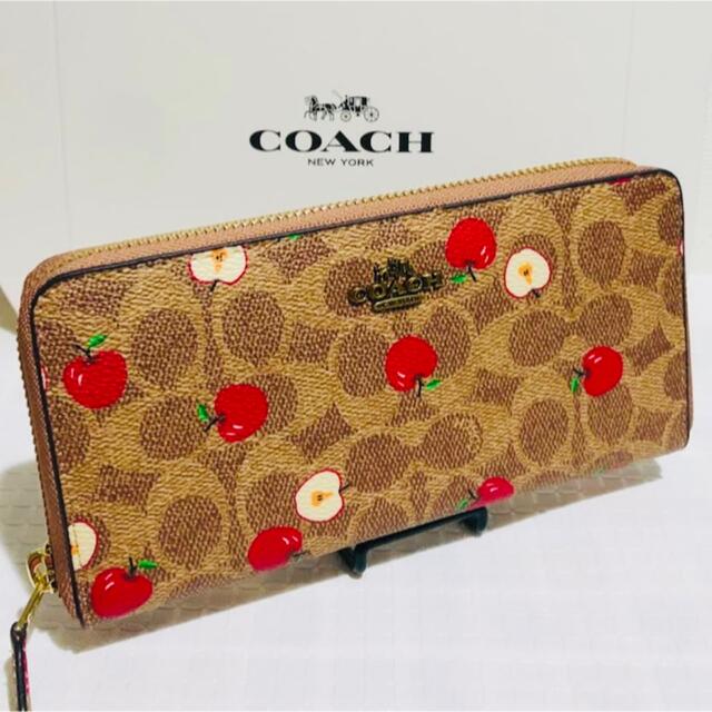 ケアカード小冊子COACH ラウンドファスナー 長財布 リンゴ アップル ブラウン