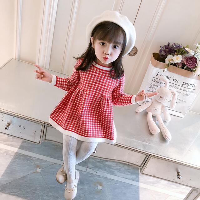 キッズニットワンピース　格子柄　女の子服　レッド80 キッズ/ベビー/マタニティのベビー服(~85cm)(ワンピース)の商品写真