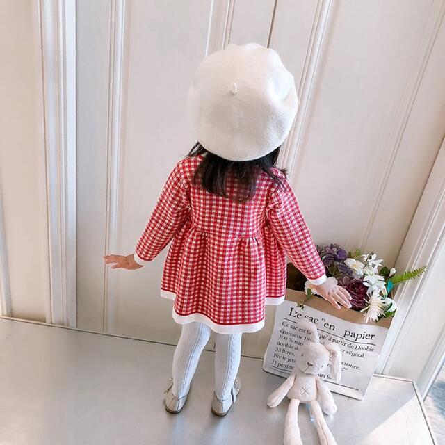 キッズニットワンピース　格子柄　女の子服　レッド80 キッズ/ベビー/マタニティのベビー服(~85cm)(ワンピース)の商品写真