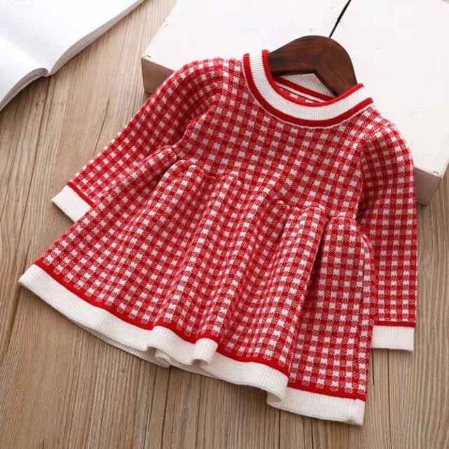 キッズニットワンピース　格子柄　女の子服　レッド80 キッズ/ベビー/マタニティのベビー服(~85cm)(ワンピース)の商品写真