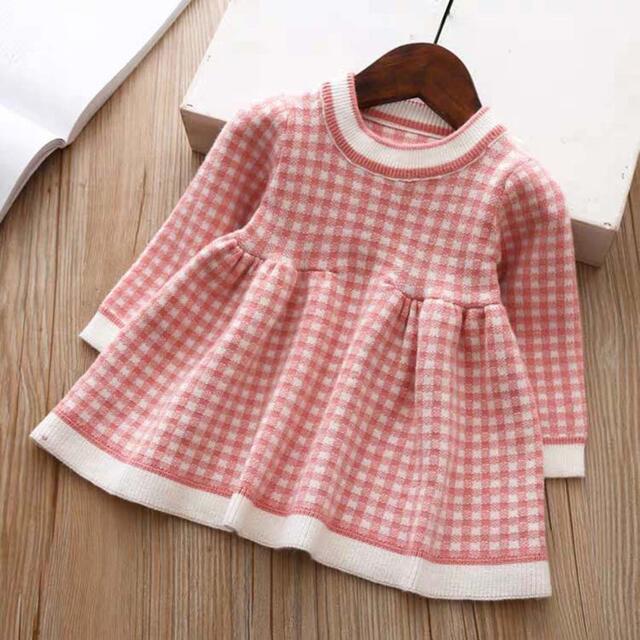 キッズニットワンピース　格子柄　女の子服　レッド80 キッズ/ベビー/マタニティのベビー服(~85cm)(ワンピース)の商品写真