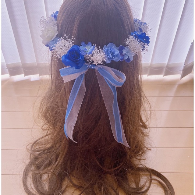 ラプンツェルハーフアップ髪飾り♡青♡水色♡かすみ草