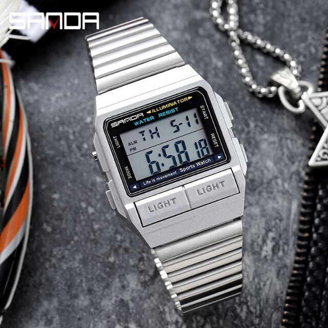50m防水 ダイバーズウォッチ デジタル腕時計 スポーツジョギング シルバー銀 メンズの時計(腕時計(デジタル))の商品写真