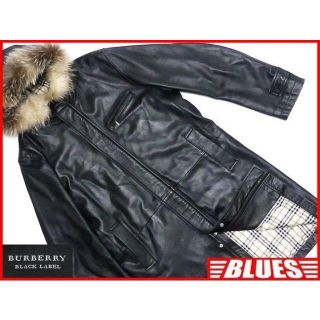 バーバリーブラックレーベル(BURBERRY BLACK LABEL)のメンズ レザーロングコート L 黒 ノバチェック フード ファー 三陽商会 本皮(レザージャケット)