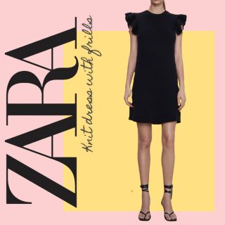 ザラ(ZARA)の【新品同様】ショルダー フリル ニット ワンピース（ブラック / M）(ひざ丈ワンピース)